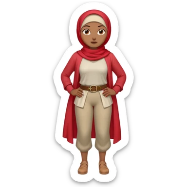 Heavy-set woman with medium-brown skin wearing a light red hijab, cream top, light red pants, tan shoes, and a visible gray pirate peg leg. Standing confidently with one hand on her hip sticker