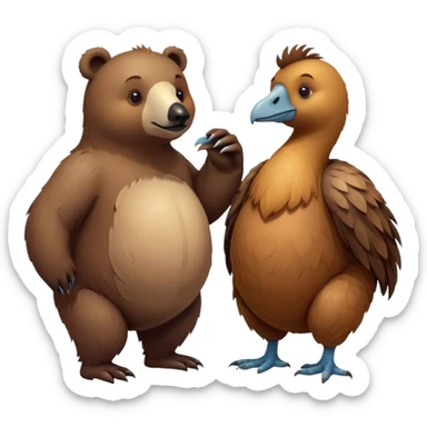 a bear and a dodo standing side by side, symbolizing a couple. The bear has a soft and friendly appearance, while the dodo looks cute and expressive. They are slightly leaning towards each other sticker