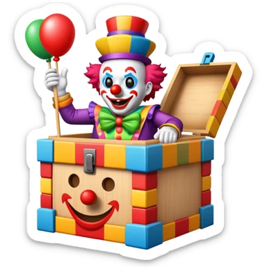 A "jack-in-the-box" is a children's toy consisting of a colorful box from which a figure, often a clown or jester, springs up out of the box when the lid is raised or the crank is turned.  sticker