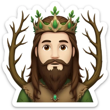 full body man long brown hair brown eyes medium beard white skin forest spirit with root crown sticker