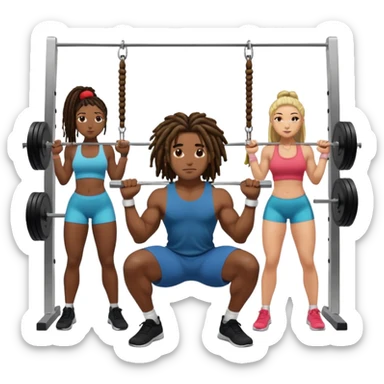 Black guy with dreads doing squats in gym with ladie around him sticker