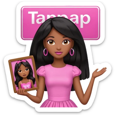 Black barbie, long black  hair, pink dress holding sign, that says tap sticker