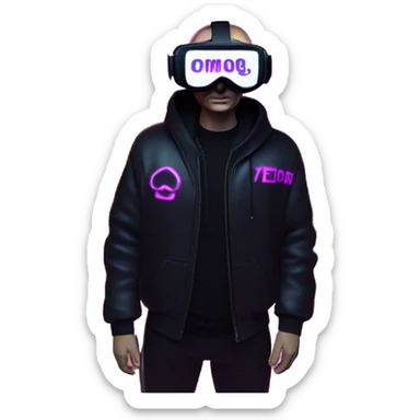 Vladimir Putin wearing a black hoodie with "OMG" letters on it and VR headset oculus quest 2 in a cyberpunk VR environment with violet neon lighting. sticker