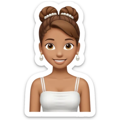 Full body Light brown skin girl, brown hair in bun, smiling, white tube top, pearl earrings sticker