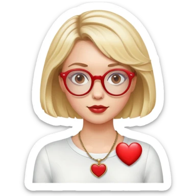 white girl head with short blonde bob hair slightly curled, red round glasses, heart necklace sticker