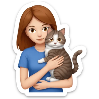 a white girl with brown and hair and a blue top hugging a siberian cat color brown, orange, gray, mixed colors sticker