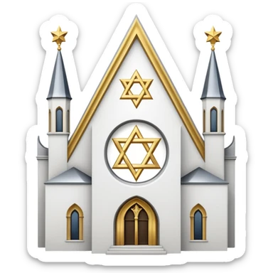 reform jewish synagogue similar in architecture to historical religious architecture in europe. the building should be white with silver/golden features, gothic architectural elements and star of david. no crosses. the emoji should be in ios emoji style. sticker