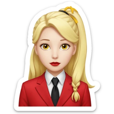 Woman with porcelain white skin, thick blonde hair that's in a thick, long ponytail, has a black nose, yellow scleras, red pupils, and a red suit with a black tie. sticker