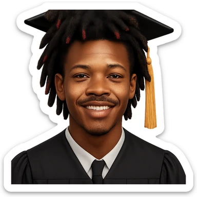 Create a male African American graduate emoji based on the person in the reference photo, capturing his hairstyle and facial features accurately. He should be wearing a graduation cap and gown, smiling warmly. The background should be removed, isolating the subject. The style should be realistic and suitable for an emoji representation. sticker