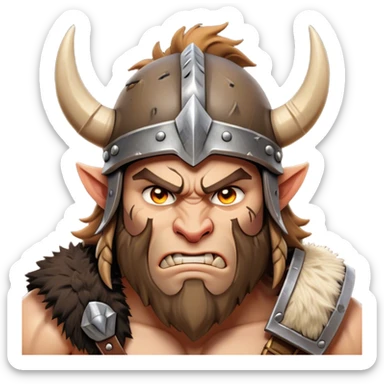 Clash of Clans aesthetic: Cinematic Fierce Barbarian Portrait Emoji, Poised and bold with a rugged yet cartoonish build in tattered furs and a horned helmet, his face rendered in a natural skin tone (not yellow), expressive bright eyes and a confident smirk, Simplified yet dynamic features, highly detailed, glowing with a vivid, adventurous aura, high shine, heroic and spirited, stylized with an air of medieval warrior charm, focused and energetic, soft glowing outline, capturing the essence of a fearless barbarian adventurer ready to lead his clan with spirited valor! sticker