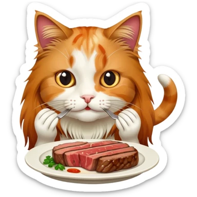 Long haired cat eating a steak sticker
