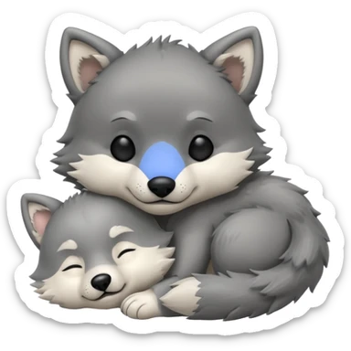 cute baby wolf sleeping with a little wolf stuffed animal sticker