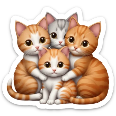 3 very small kittens cuddling together all different colours, the first one is grey and white, the second is ginger and white and the third is brown tabby and white sticker