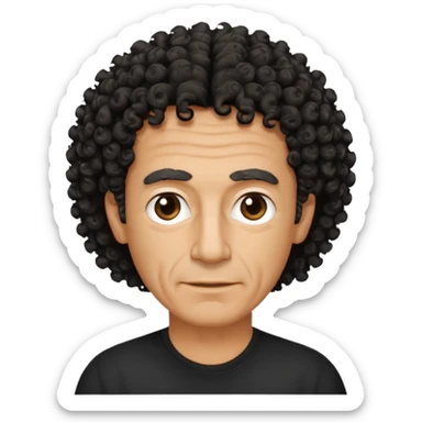 60 year old Greek man with short black curly frizzy thin hair that sticks up and has a black shirt sticker