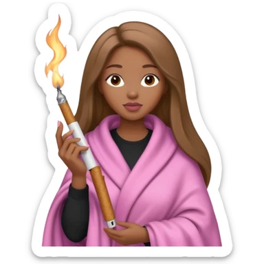 Curvy, light brown long hair, pretty black girl light pink lipgloss wrapped in blanket holding a lighter and brown cigarette  sticker