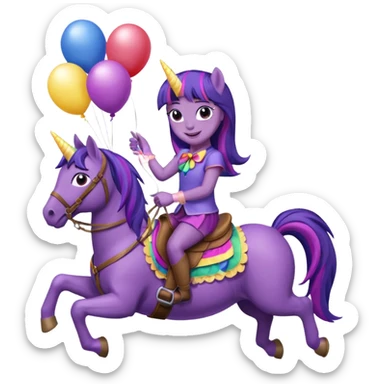 twillight sparkle mlp holding colorful balloons tied to its saddle, looking cheerful. sticker
