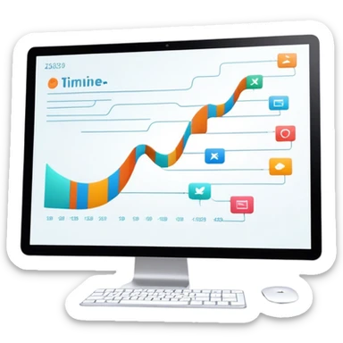 Animation and motion design. A computer screen with an animation timeline, moving frames. Display a cartoon or animated scene on the screen. Include motion design elements like flowing lines, curves, or rotating objects. Modern, creative colors. No emojis or smiley faces. Transparent background. sticker