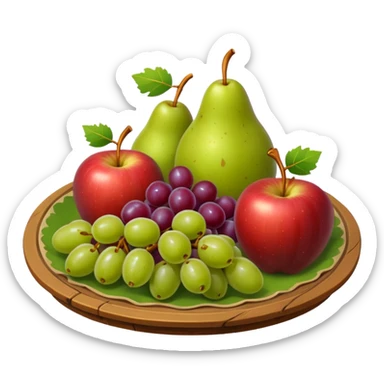 medieval fruit platter object icon, grapes apples pears, rustic plate, small honey drizzle, cozy medieval vibe, 3D cartoon, mobile game icon style, clean background, no text, no watermark
 sticker