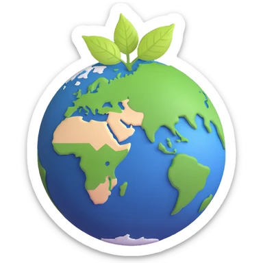 A single green leaf resting gently on top of a vibrant, round Earth globe. The focus is on the leaf and the globe with a simple background and soft natural lighting sticker