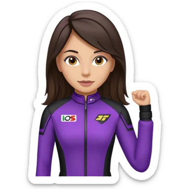 brunette long hair woman with black racing outfit with single purple strip sticker