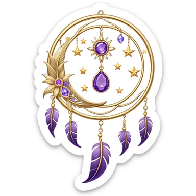 Epic beautiful gorgeous cute gold suncatcher, threads with shiny sparkly amethyst gemstones, flowers, crescents-moons, stars, violet Feather, gold feather sticker