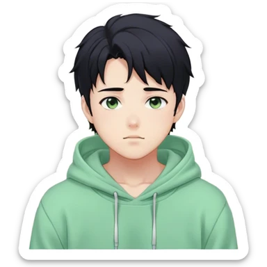 Gorgeous pastel green sweater black hair anime style shojo guy with blushing face and, hoodie, aesthetic, young adult, trending style, outside, vedal987 sticker