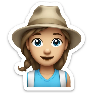 9 year old girl brown hair in a pony tail blue eyes and shirt and hat and silver earrings sticker