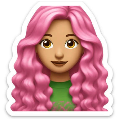  Su cabello es largo, rosa brillante en la raíz y verde en las puntas, con un estilo suave y voluminoso. Tiene ojos grandes y verdes, y un rostro delicado que refleja su ternura y simpatía sticker