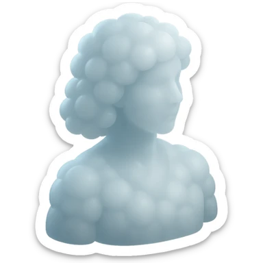 a person turned exactly, made entirely of white fluffy convex clouds, shoulder length, matte glass style sticker