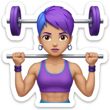 weight lift woman short blue purple har muscles bar is not growing from head sticker