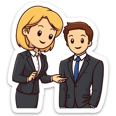 blonde woman in business suit talking to smiling brown-haired man in white shirt sticker