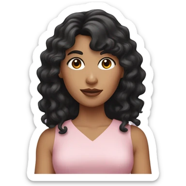 White woman with long black curly hair and bangs and dark brown eyes, wearing a pastel pink dress sticker