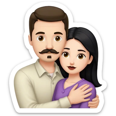 Tall white man with dark brown mustache and goatee hugging a short pale woman with long black hair sticker