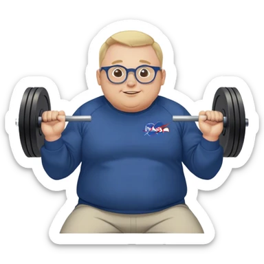 happy chubby man, bench Press,  blond short and hight receding hairline, wearing a dark blue sweatshirt, nasa logo on the sweatshirt, round glasses without frame, 40 years old sticker