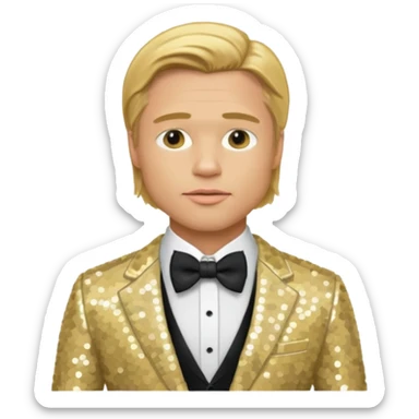 Brad Pitt with golden blonde hair, cream sequin suit with bow tie sticker