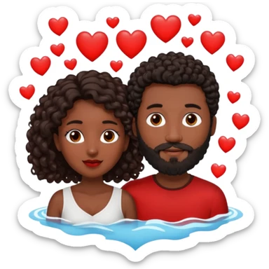 pareja de Mujer morena rizada cabello largo castaño ojos oscuros y hombre blanco cabello negro corto (no es rizado) con barba  y ojos marron al rededor de la pareja corazones sticker
