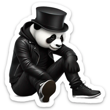 A panda with a top hat in a black leather jacket fashionable pants color Very dark so black and sports shoes of different colors Saying hello how are you sticker