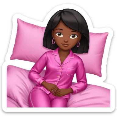 Dark skin Black barbie, short  black bob  hair, pink pajamas in bed sleeping  sticker
