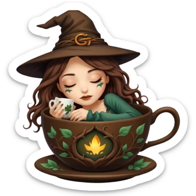 cute forest witch woman long wavy brown hair tattoos sleeping inside teacup sticker