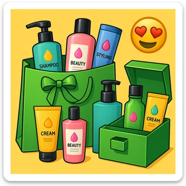 Gift bag with beauty products (shampoo, creams, styling products), a gift bag is beautyful open box with luxury brand-labeled beauty products standing nearby, emoji style, green bag sticker