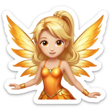 Glowing fairy with long golden-blonde hair in a high ponytail, sparkling amber eyes, and a radiant orange-gold outfit. Large translucent wings with golden shimmer, surrounded by a sunlit aura, with a joyful and confident expression. sticker