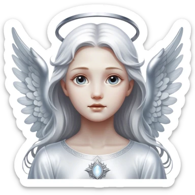 Cinematic Angel, Ultra realistic 32k HD, hauntingly beautiful, Balanced features, highly detailed, glowing with silver light, high shine, remembrance, a painting of white silver, fanciful, enchanting, ghostly. The image is so lifelike it feels as though it could leap off the canvas at any moment sticker