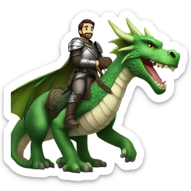 Confident armored White Man with dark brown hair and a short beard riding on the back of a giant green dragon sticker
