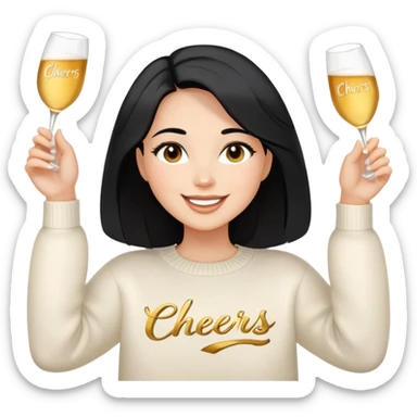 A woman with shoulder-length black hair, light to medium skin tone, full cheeks, and almond-shaped eyes, wearing a white sweater with the word 'cheers' in gold script, lying comfortably on a bed with soft lighting, joyful and radiant expression sticker