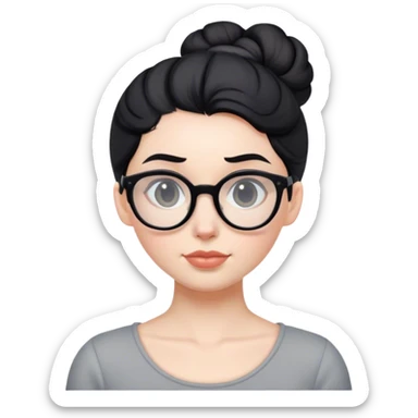 pale teacher with black hair in a updo bun, wearing gray glasses sticker