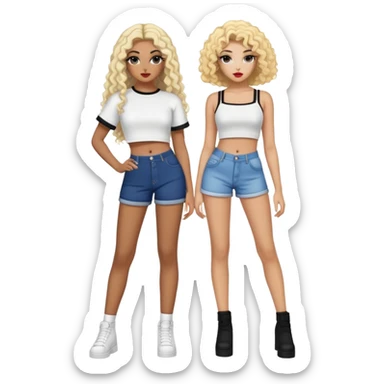 Full body of two teenage girls standing together, one white with straight blonde hair and one brown-skinned with curly black hair, both with heavy makeup, big lips, crop tops and choni style clothing sticker