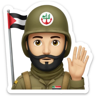 surrenders, depicts an Iraqi soldier from 1980, with a beard, in a helmet, a helmet with sign flag Iraq, with a balaclava, with sad eyes and both hands raised up sticker