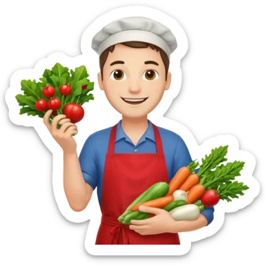 guy red apron smiling with vegetables sticker