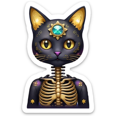 Black iridescent cat zombie skeleton gold mechanical nebula galaxy stars flowers fairy lights vintage sticker