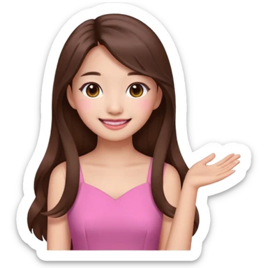 girl aesthetic emoji, asian beautiful make up long brown hair pink dress sticker